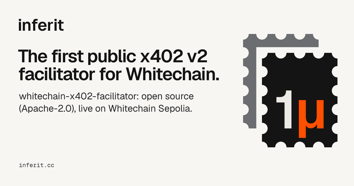 Link preview card: 'The first public x402 v2 facilitator for Whitechain. whitechain-x402-facilitator: open source (Apache-2.0), live on Whitechain Sepolia.' Right: the Inferit logo, a stamp printed 1µ (one micro-dollar) with an orange µ, in front of a grey sibling stamp.